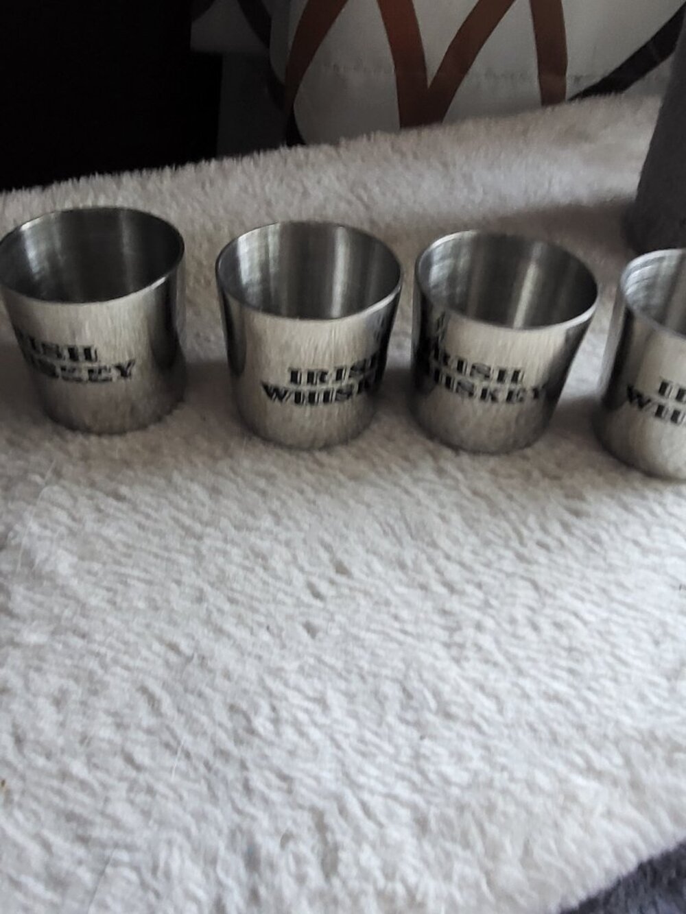 STAINLESS STEEL "IRISH WHISKEY" SHOT GLASSES QTY OF 4 GOOD CONDITION